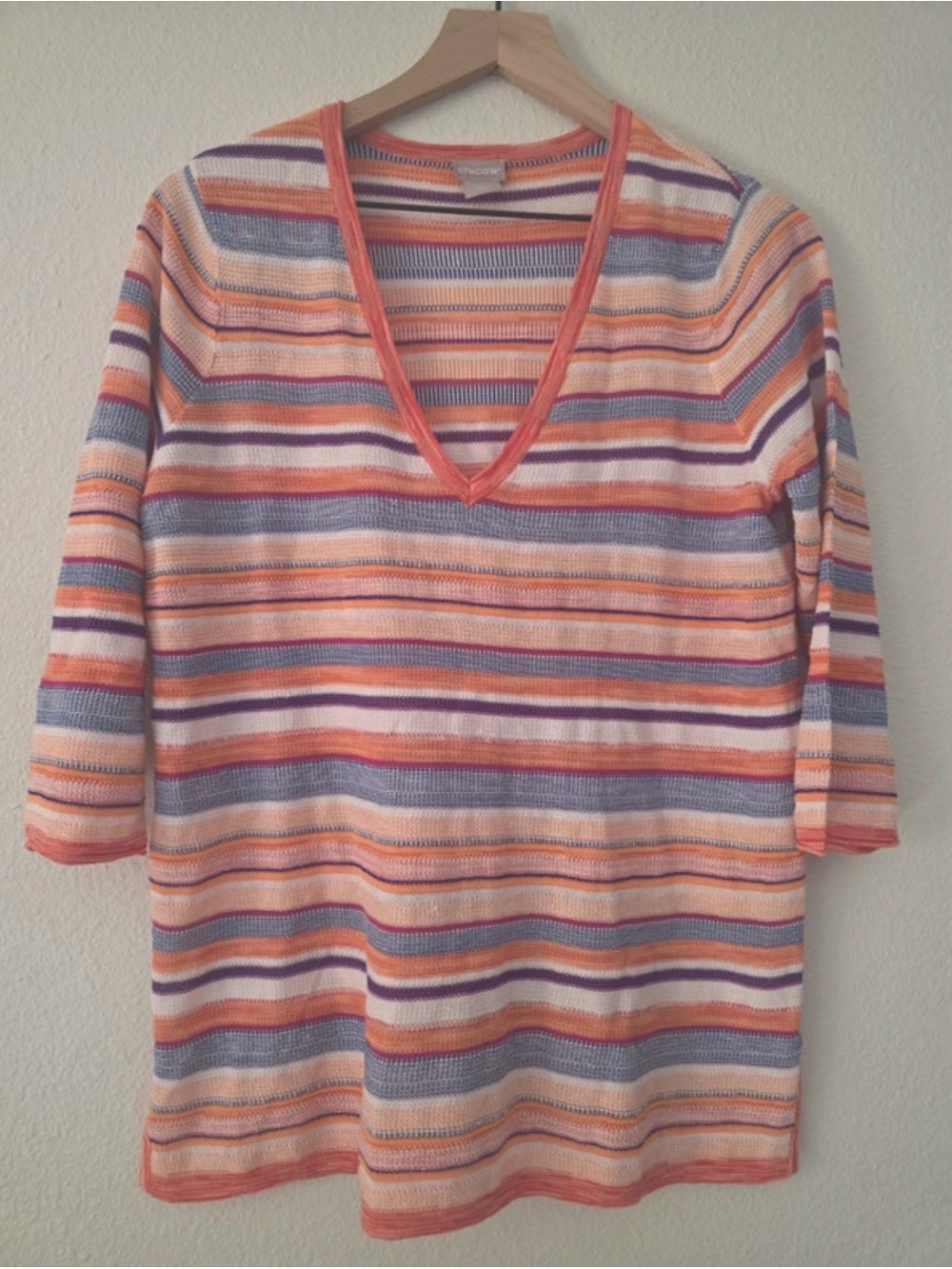 Striped V-Neck Knit Top in Coral, Lavender & Cream